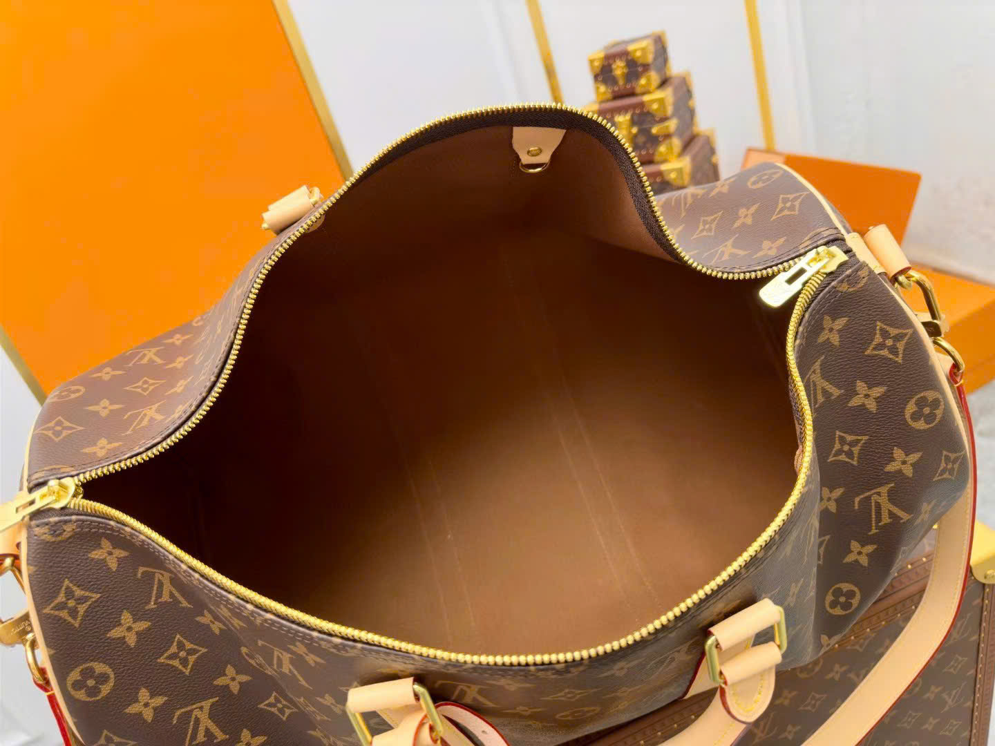 Túi trống du lịch Louis Vuitton LV Nâu họa tiết hoa vân full khóa ổ phối dây Be size 50cm Like Auth Fullbox phụ kiện PLD